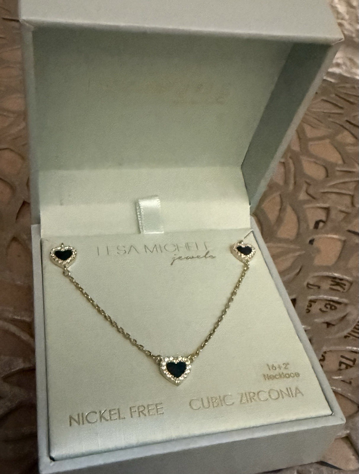 Lesa Michele Jewels Gold Tone Black Heart CZ Necklace & Earrings Set Nickel-Free