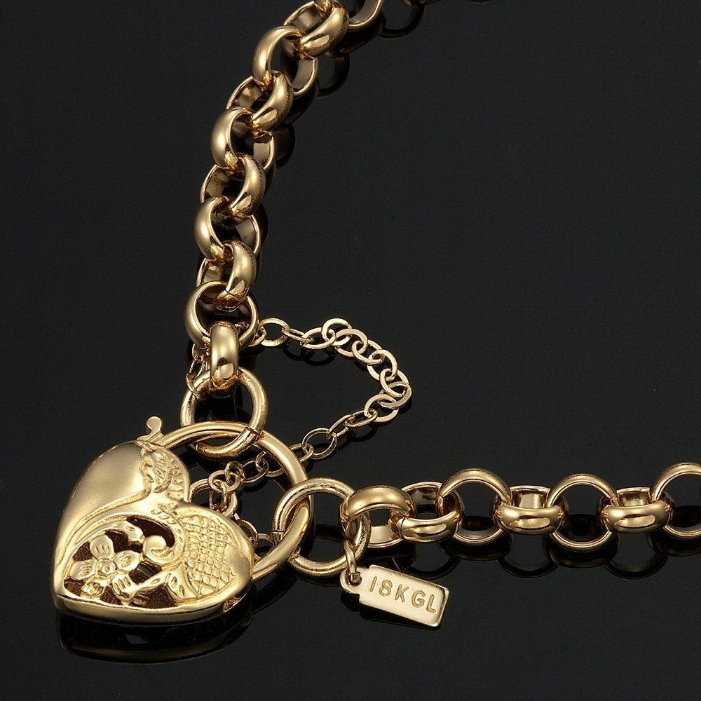 18K GL Solid Belcher Yellow Gold Bracelet & Half Filigree Heart Padlock
