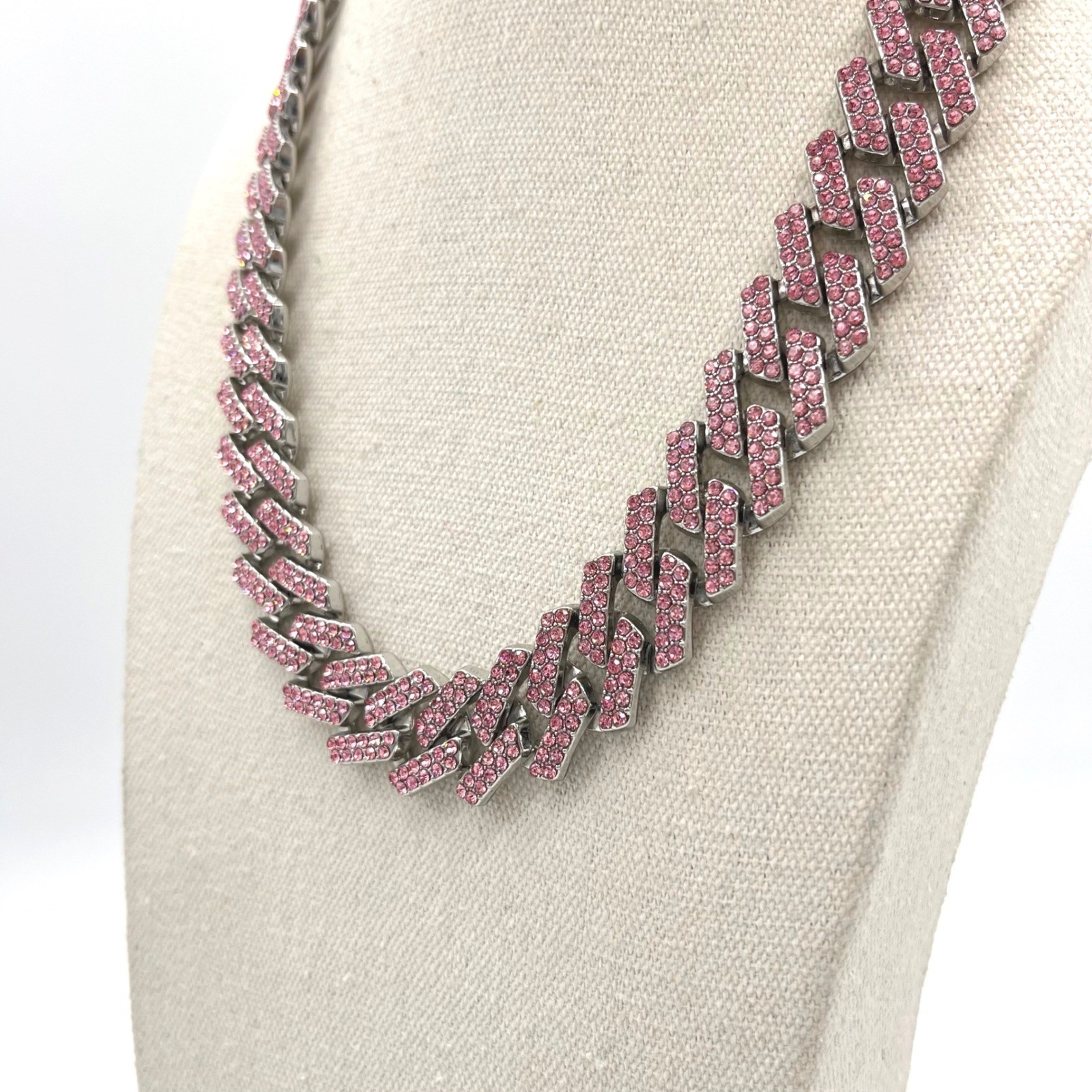Invicta Pink Crystal Iced Out Cuban Link Chain Necklace Silver Tone 22 Inch