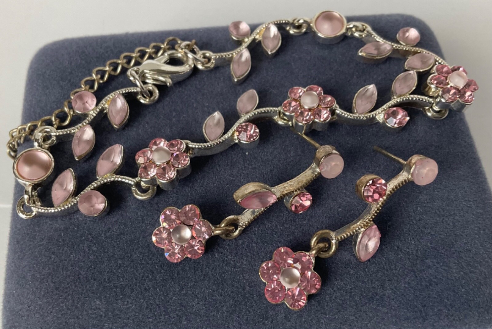 Pink Crystal Floral Flower Bracelet & Dangle Earrings Set Silver Tone Base