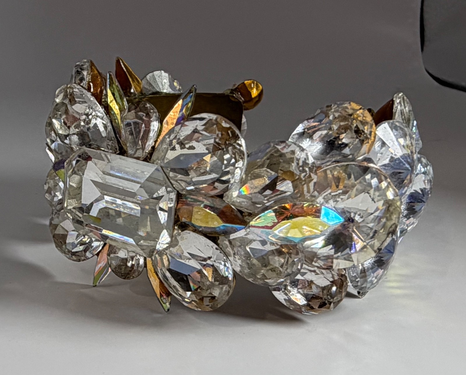 Massive Rhinestone Crystal Cuff Bracelet AB Glass Statement Runway Glam