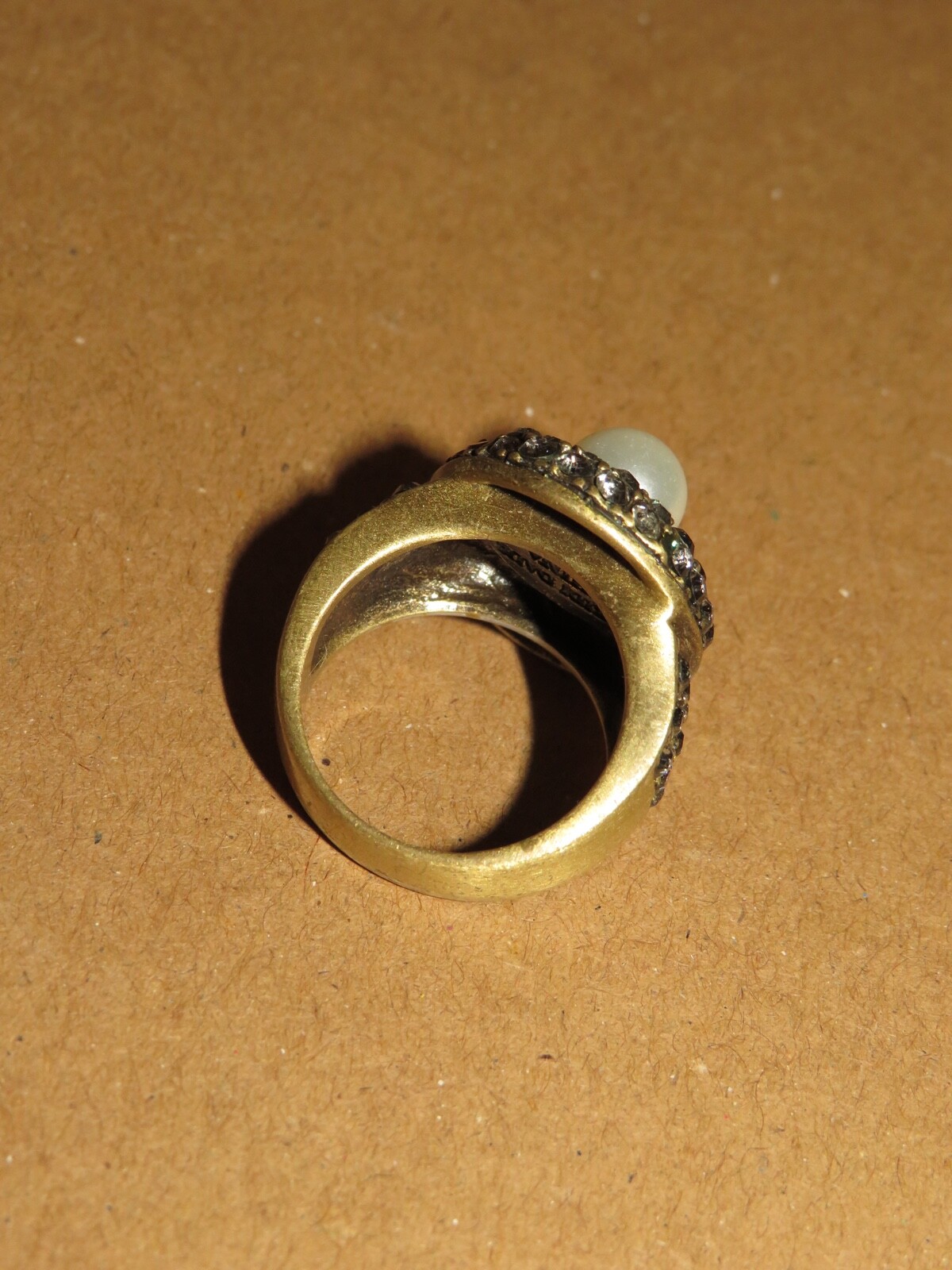 HEIDI DAUS Bronze Tone Pave Rhinestone Faux Pearl Dome Ring SZ 6.5 to 7 NEW