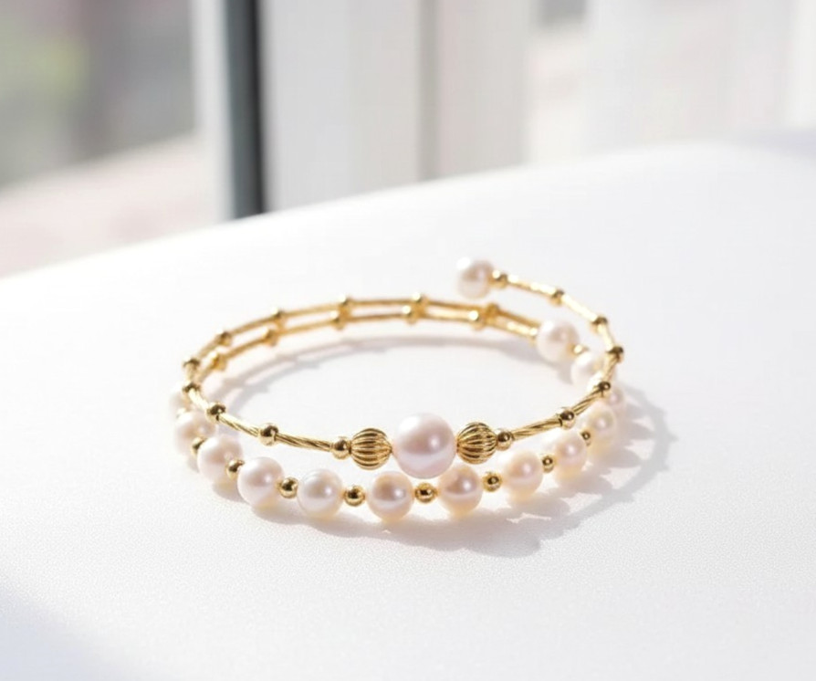 Double Layer Freshwater Pearl Bracelet 6mm 8mm Gold Plated Adjustable Elegant