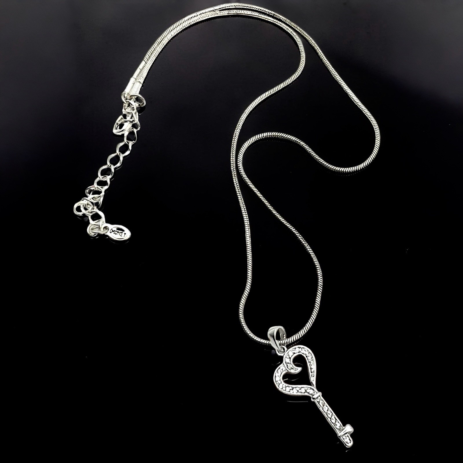 925 Sterling Silver Heart Key Pavé CZ w/Monet Silver Tone Snake Chain Necklace