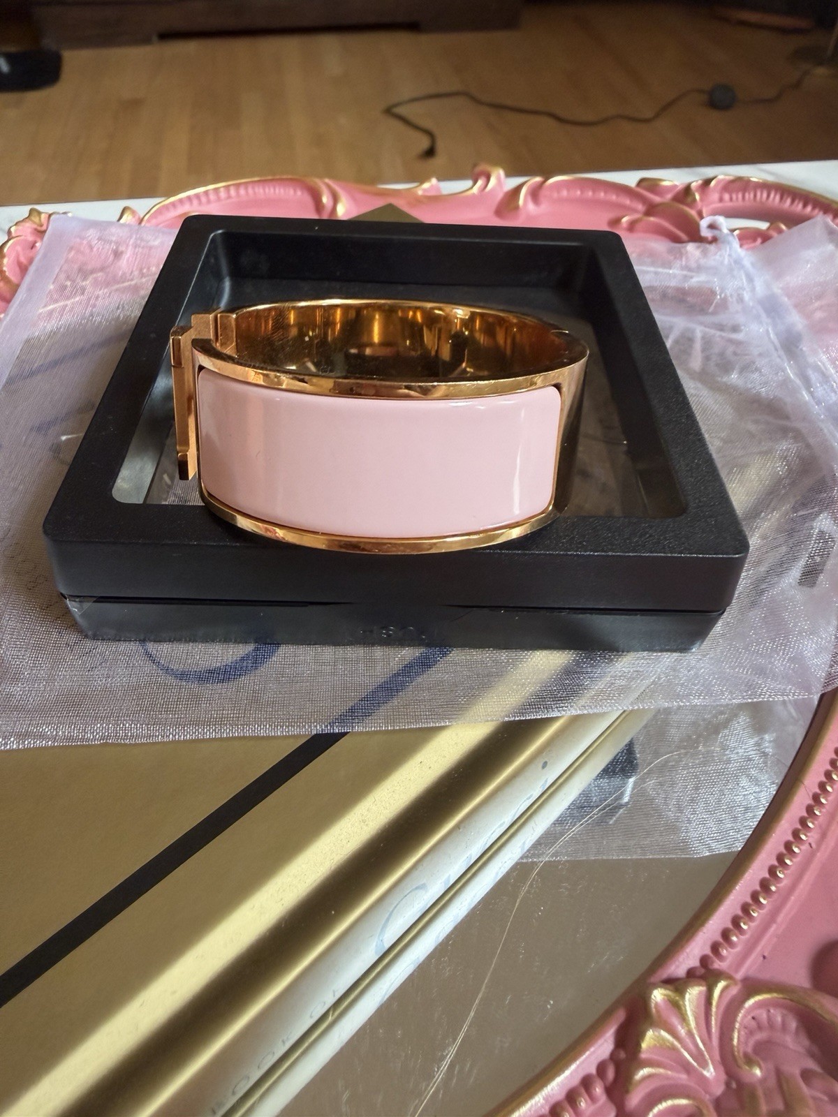 HERMÈS Pink Enamel Gold Tone H Clic Clac Hinged Bangle Cuff Bracelet