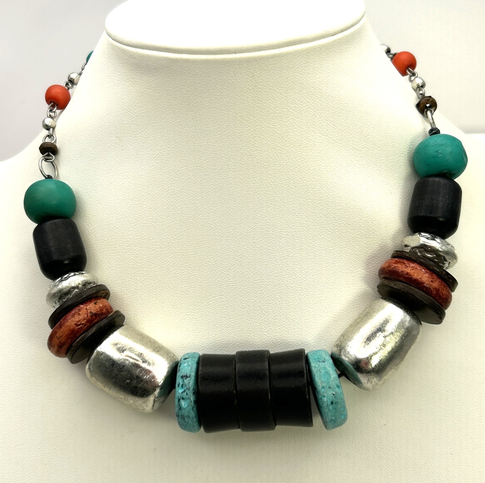 Chunky Boho Statement Necklace Mixed Wood Metal Teal Tribal Adjustable
