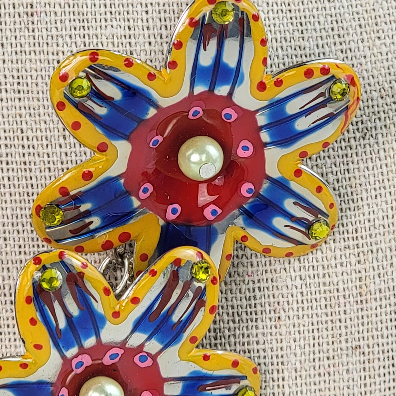 Multicolor Flowers Dangle Charm Necklace 21″ Silver-Tone Mixed-Materials Enamel