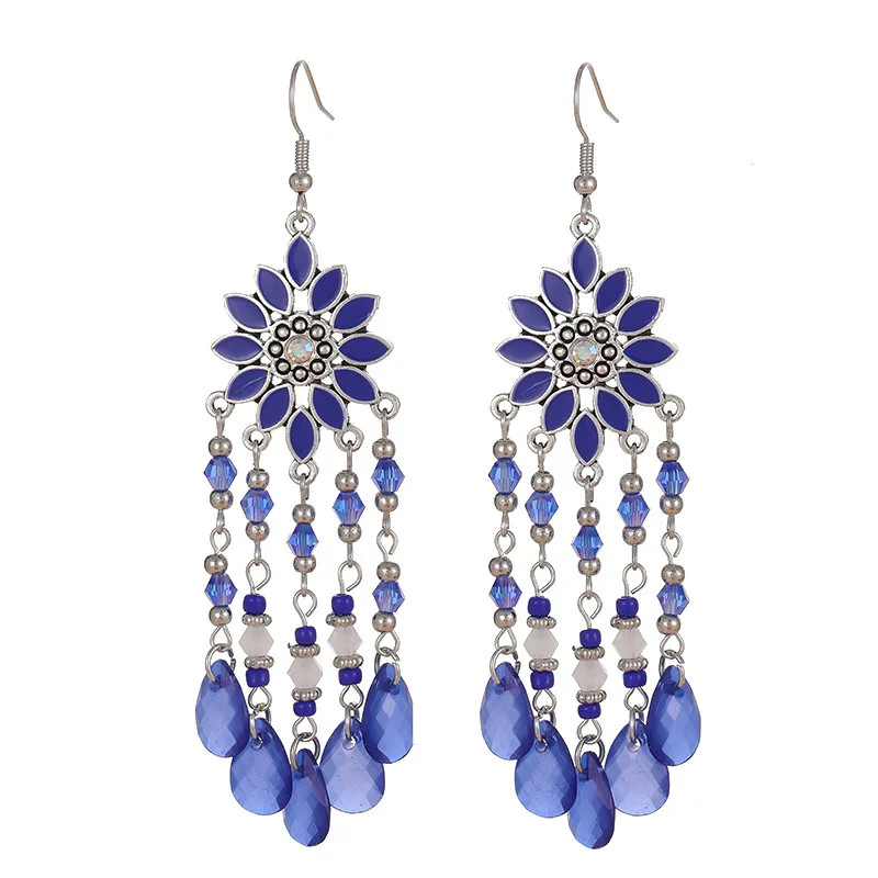 Bohemian Vacation Style Water Drop Tassel Earrings for Women Vintage Long Drop