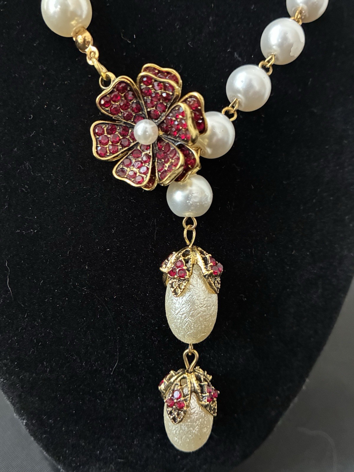 Statement Beaded Lariat Necklace Simulated Pearl Pavé Rhinestone Flower Pink