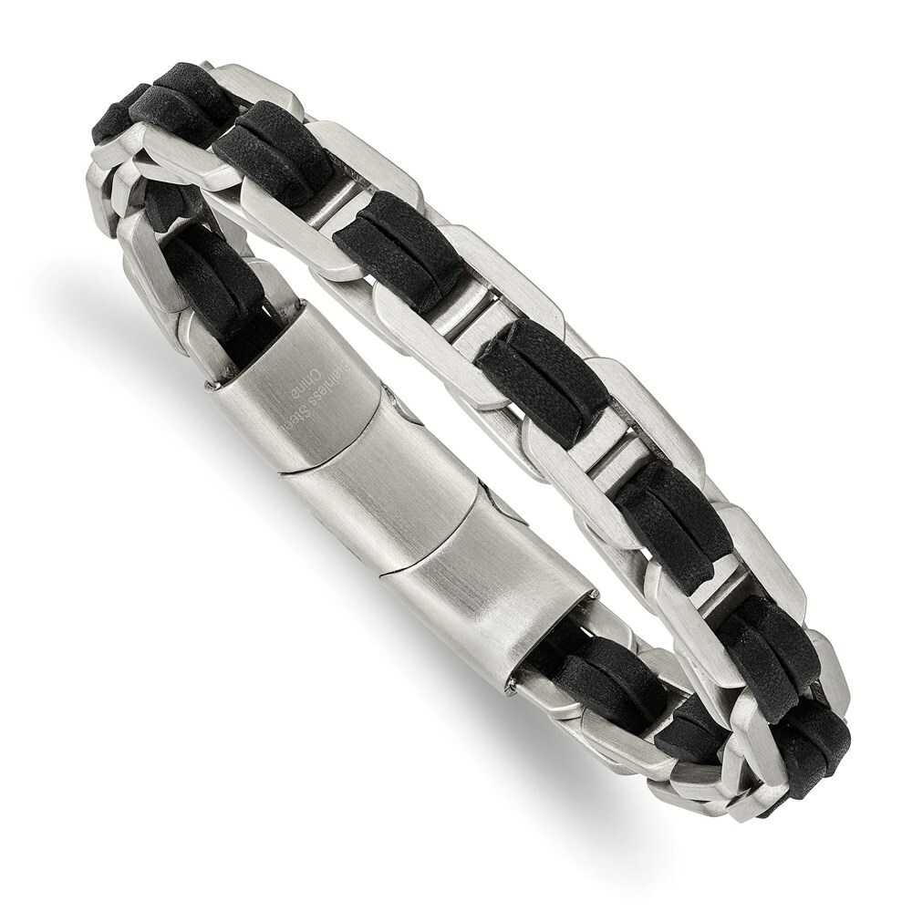 Stainless Steel Brushed with Black PU Leather w/.5in ext 7.75in Link Bracel