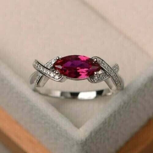 Marquise Simulated Pink Ruby Stunning Engagement Band Ring 14K White Gold Plated
