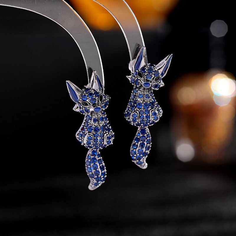 Gunmetal Blue Cubic Zirconia Enamel Fox Animal Stud Earrings