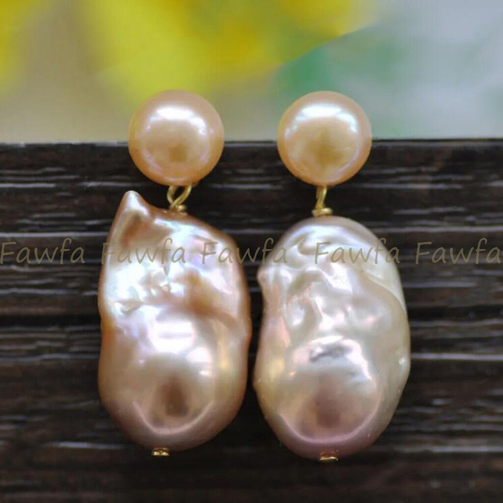 Genuine Natural Pink Freshwater Keshi Baroque Double Pearl Dangle Stud Earrings