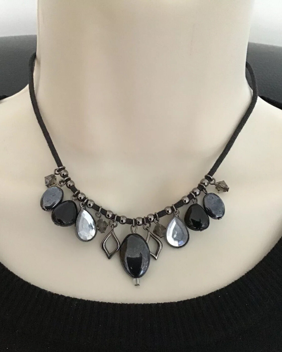 NEXT Necklace Diamanté & Beads on black Cord Lovely 36cm F1