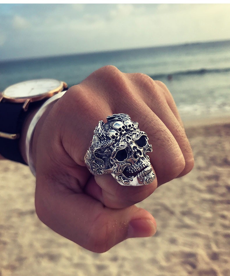 Chunky Gothic Skull Band Ring Tattoo Biker Heavy Metal Adjustable Ring