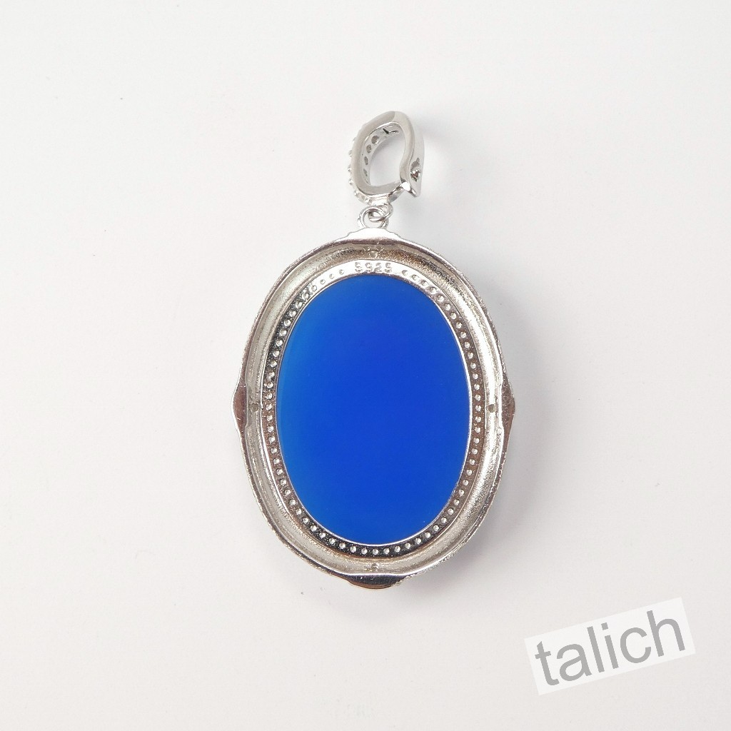 925 Sterling Silver Blue Agate & CZ Horse Cameo Pendant Fine Elegant Gift Idea