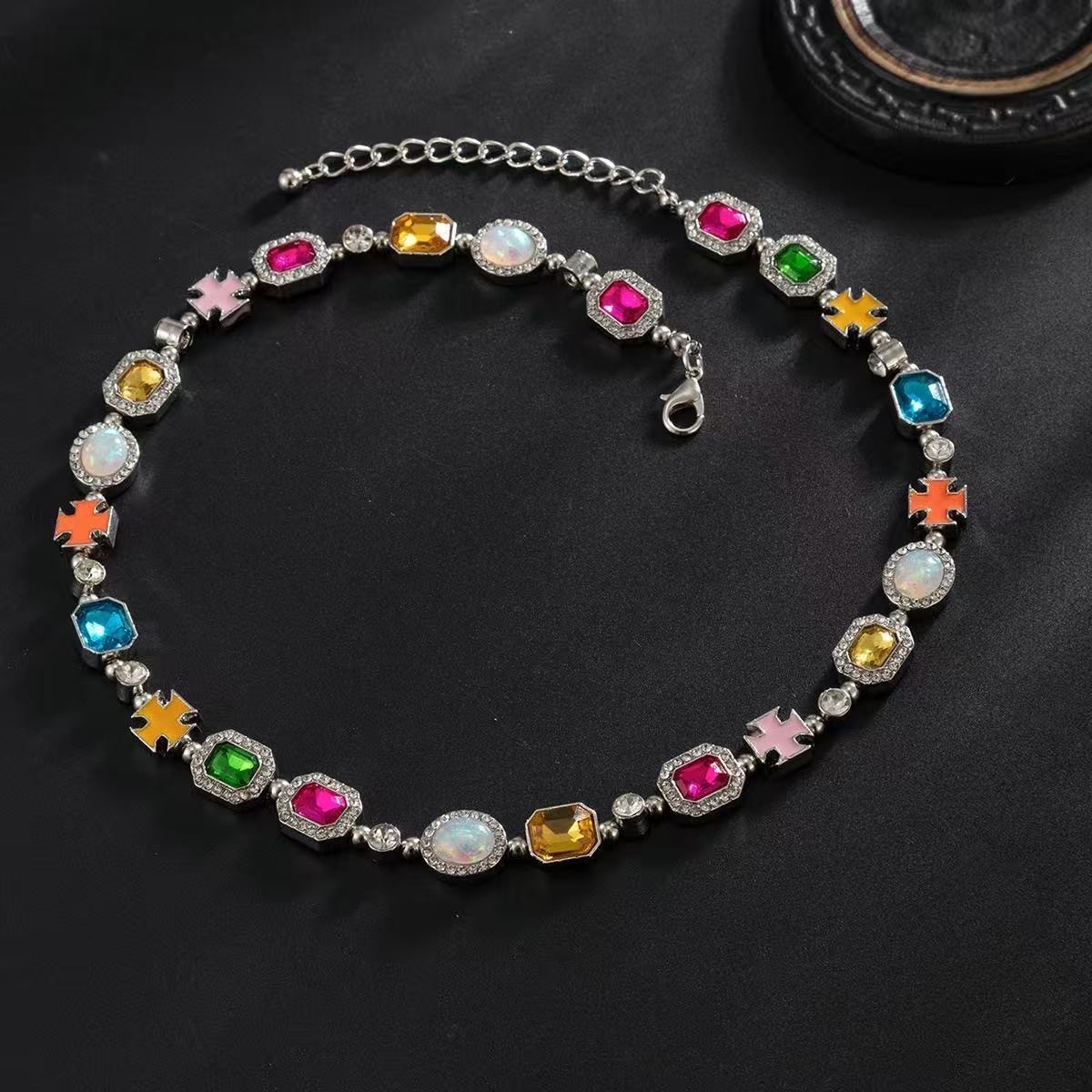 Men Vintage Silver Plated Color Necklace Rainbow Crystal Hip Hop Street Jewelry