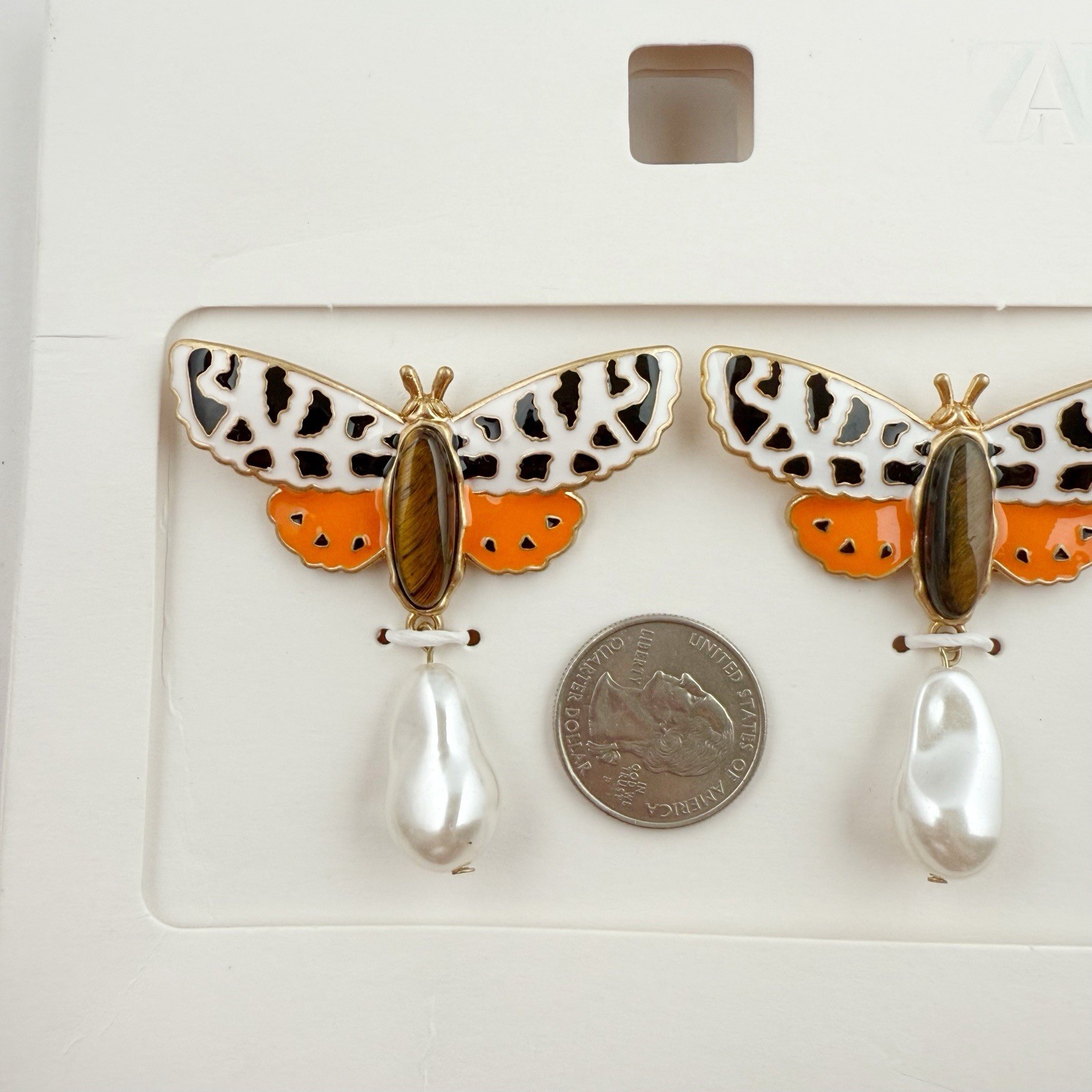 ZARA Butterfly Moth Multicolor Enamel Resin Stone Faux Pearl Drop Earrings NEW