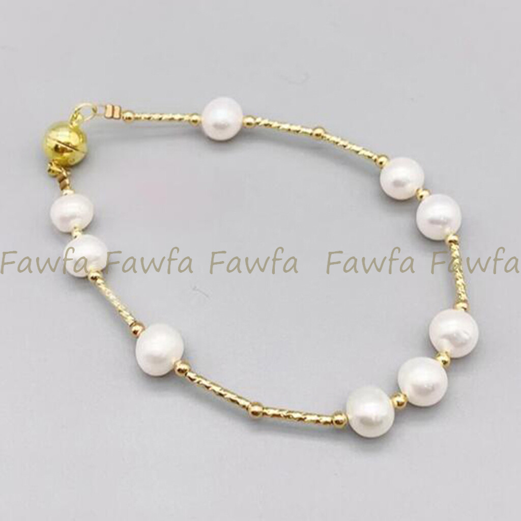 Genuine Natural 6-11mm White Freshwater Baroque Pearl Bangle Barcelet 7.5-8 in