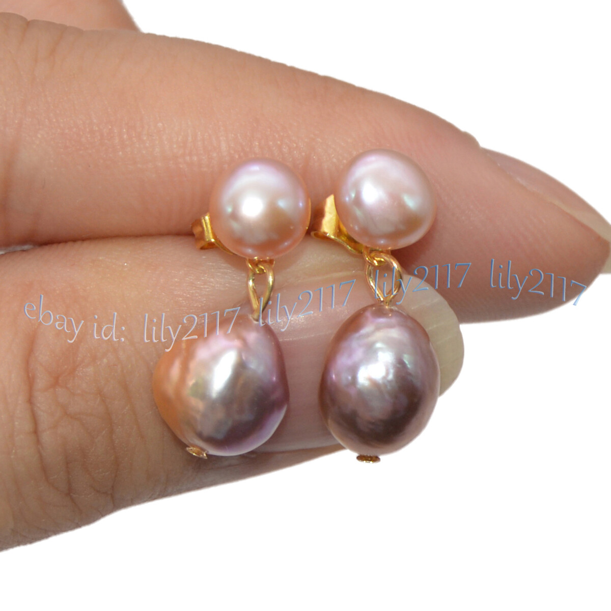 4 Pairs Natural Black White Pink Purple Double Akoya Pearl Dangle Stud Earrings