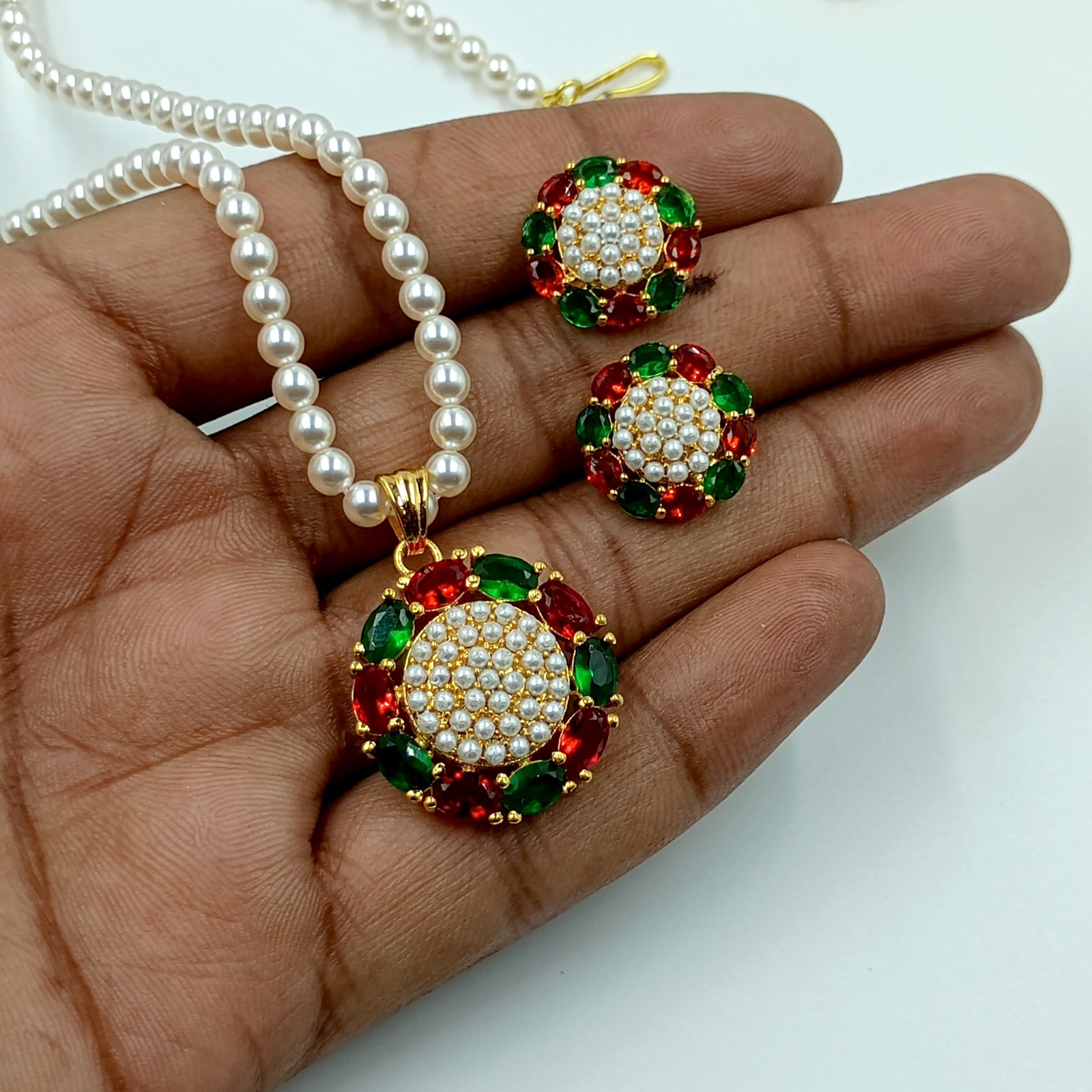 Ruby Emerald Pearl Pendant Studs 22k Gold Plated South Indian Wedding Bridal