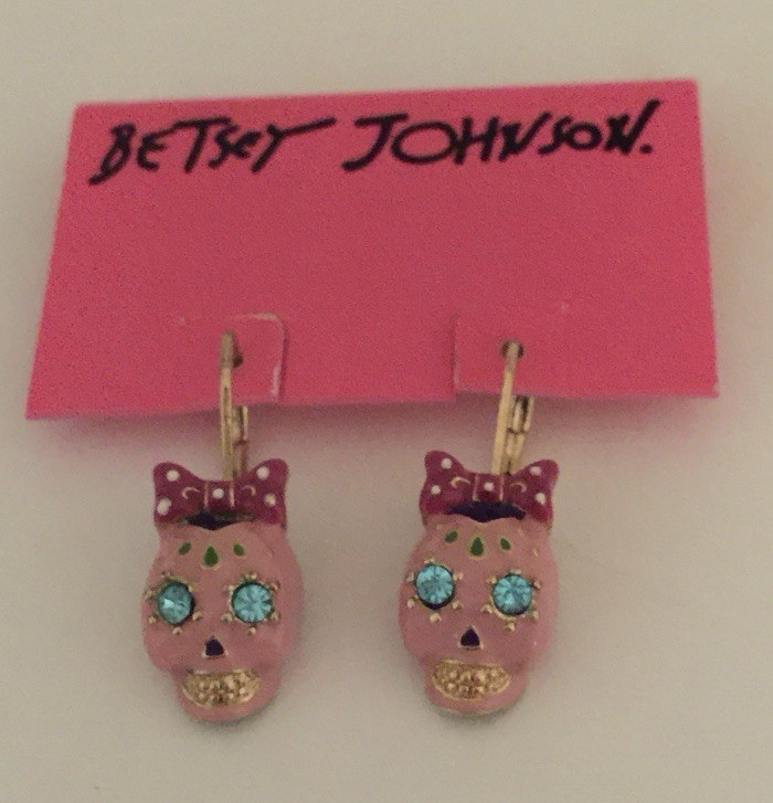 Betsey Johnson Pink Skull Crystal Dangle/Drop Leverback Earrings Nickel-Free