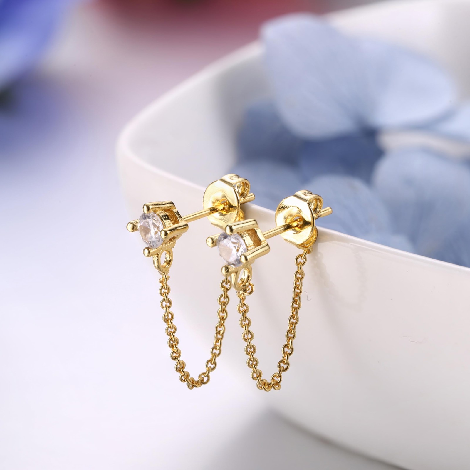 Chain Earrings 14K Gold Hypoallergenic CZ Ball Bar Huggie – 4 Pairs Cute Dangle
