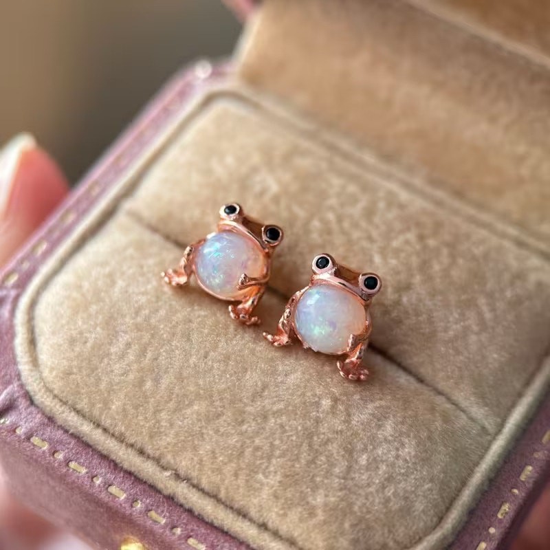 Cute Dainty Rose Gold Frog w/ Faux Rainbow Opal Stud Earrings Animal Jewelry