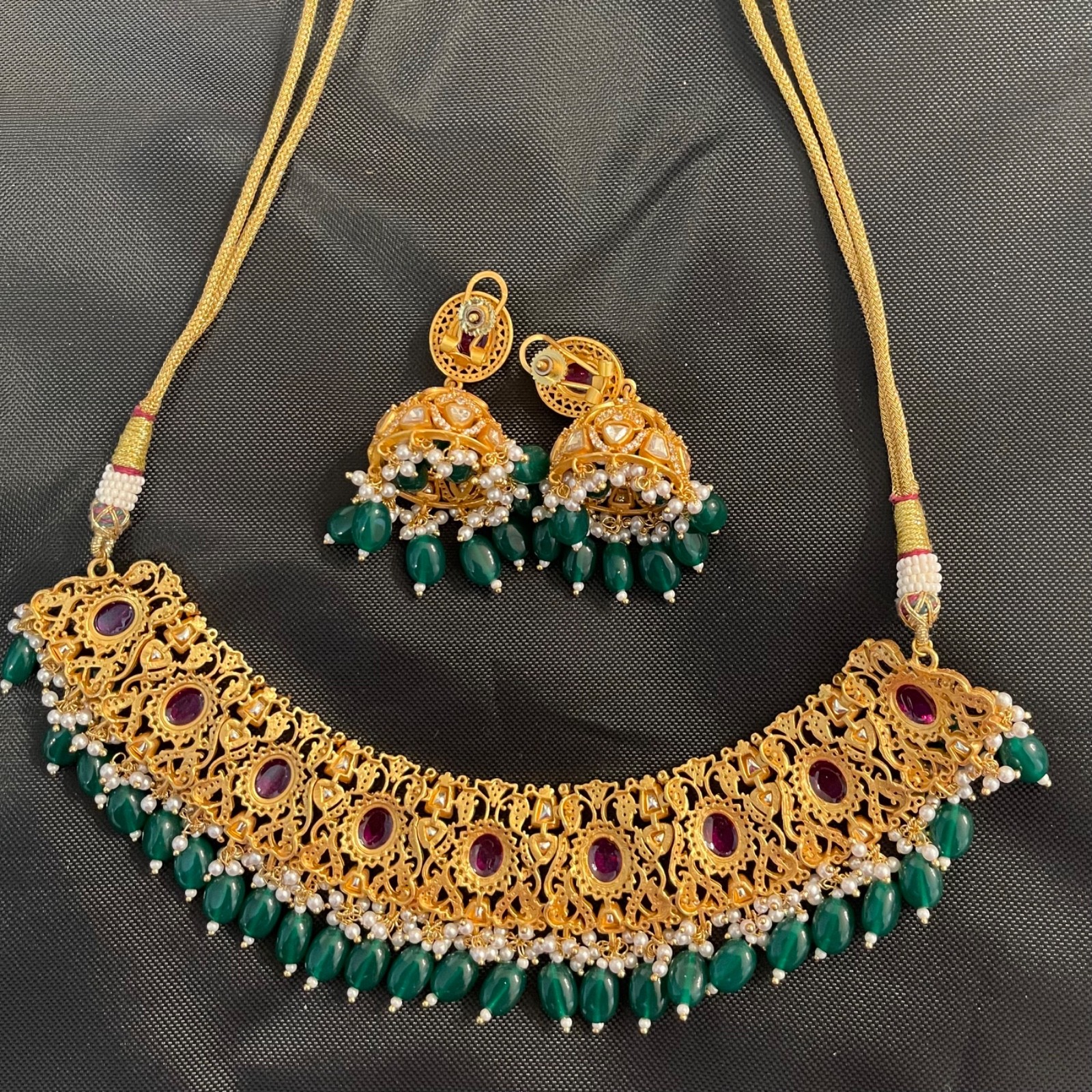 Kundan Polki Bridal Necklace Set: Red Ruby Emerald CZ Pearl Jhumka Earrings