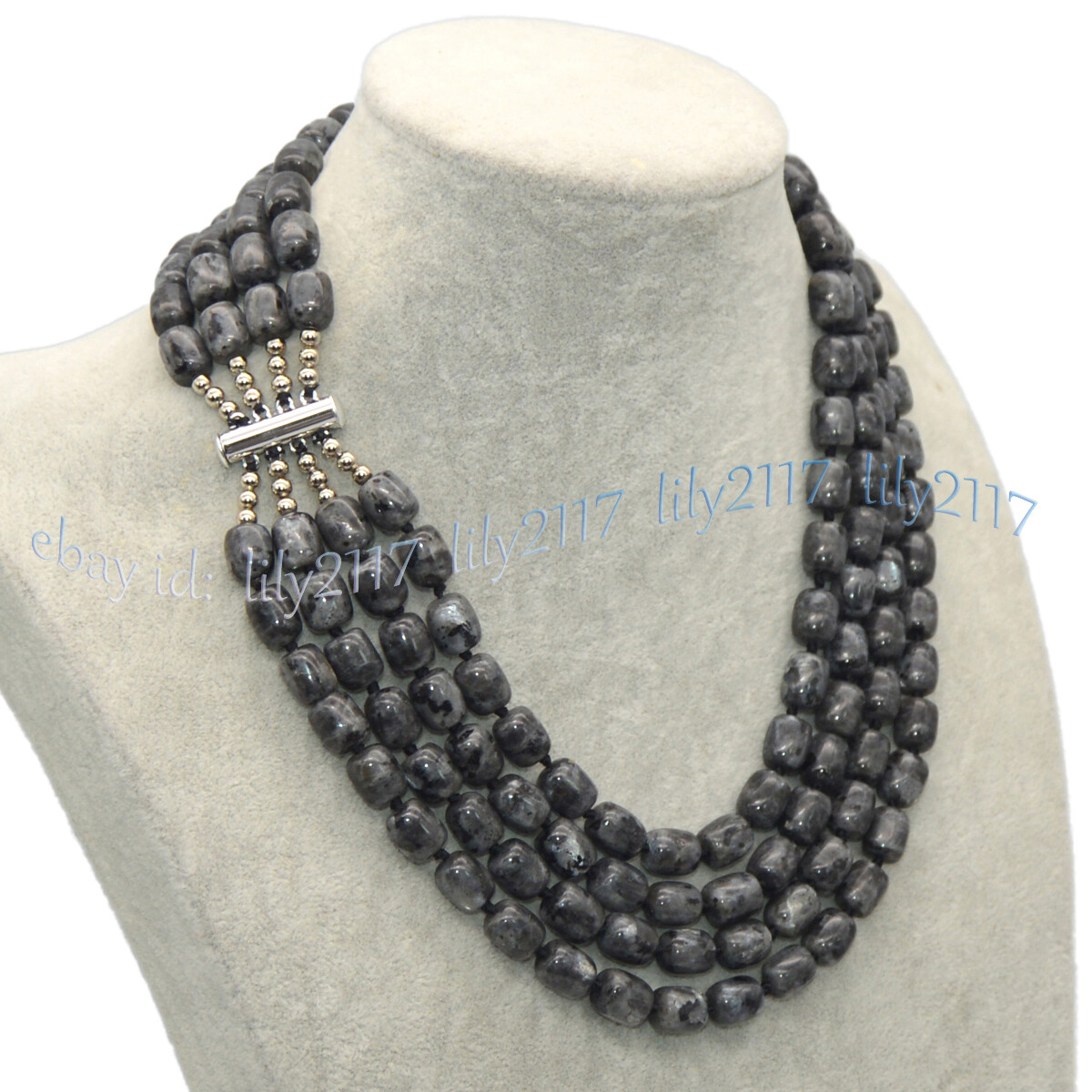4 Rows 9x11mm Natural Black Gray Labradorite Gems Barrel Beads Necklace 17-20”