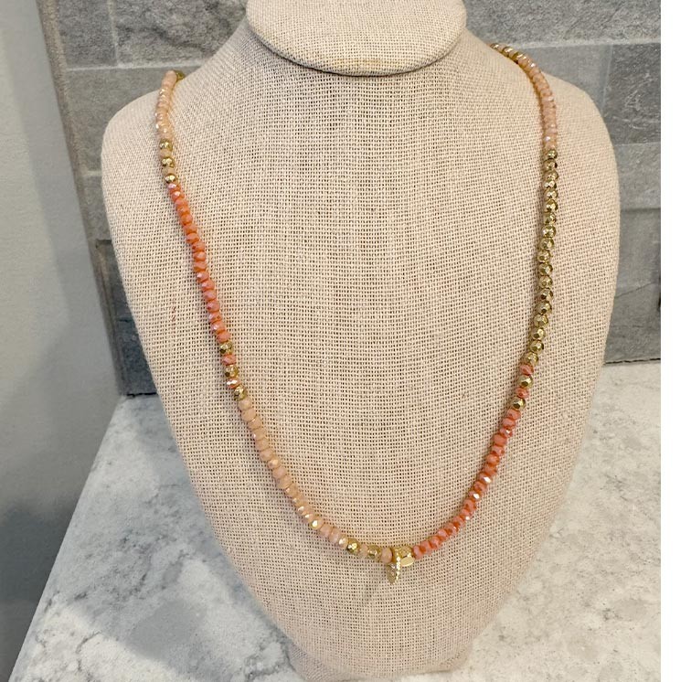Gold Salmon Pink Crystal Beaded Stretch Necklace or Bracelet