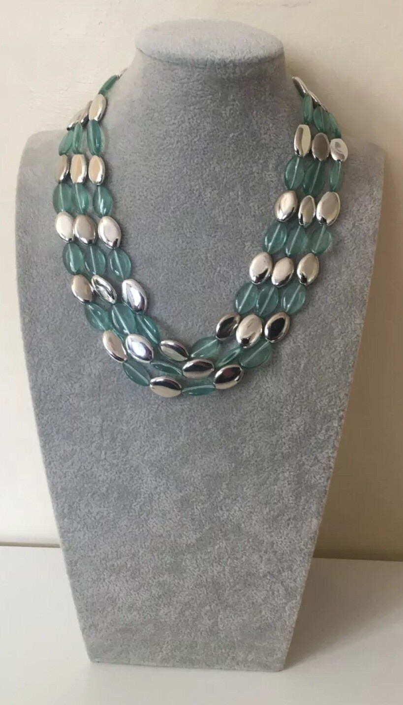 LINEA Triple Strand Necklace, With Aqua And Silver Coloured Lozenge Beads