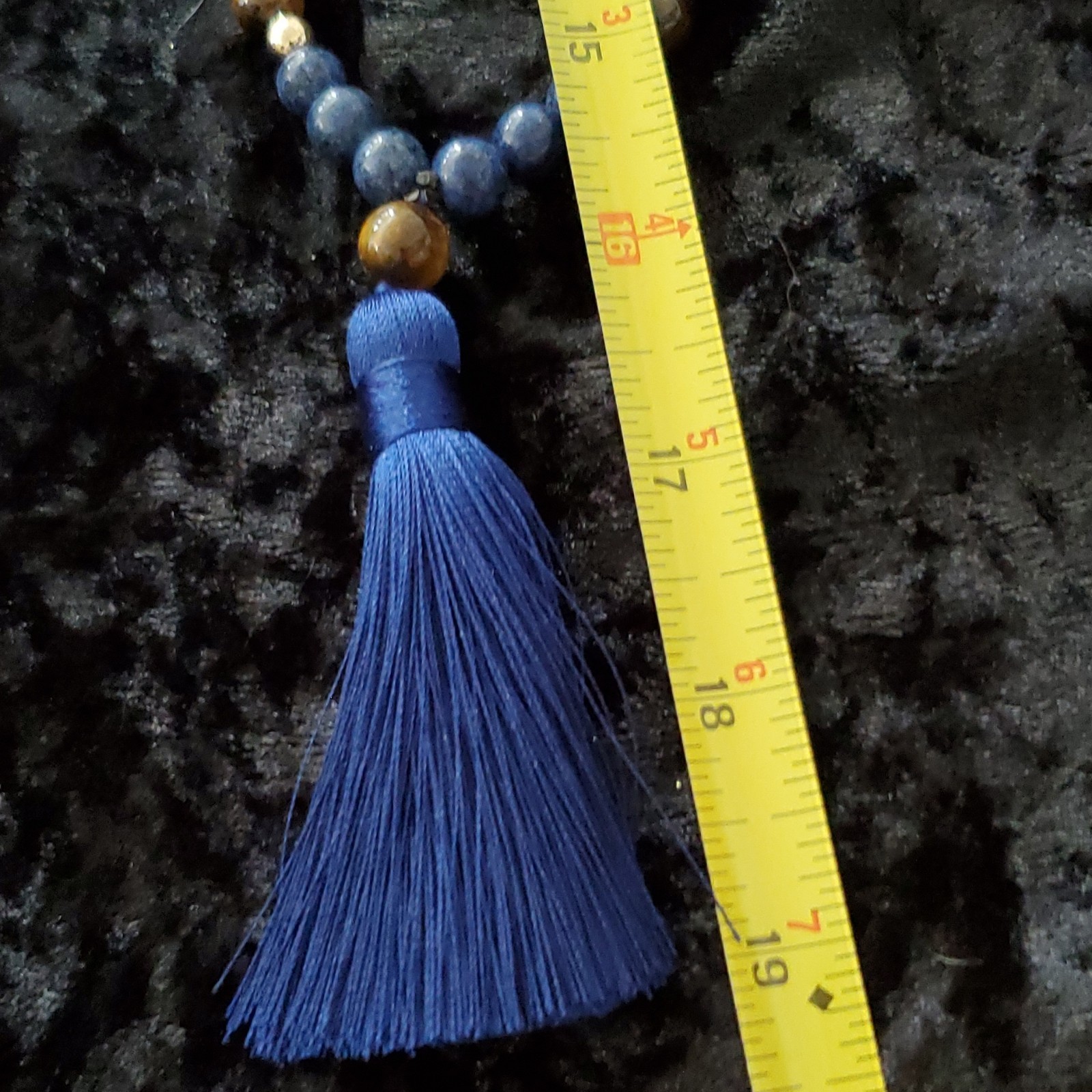 Bohemian Beaded Tassel Necklace Blue Gray Gold Round Beads No Clasp