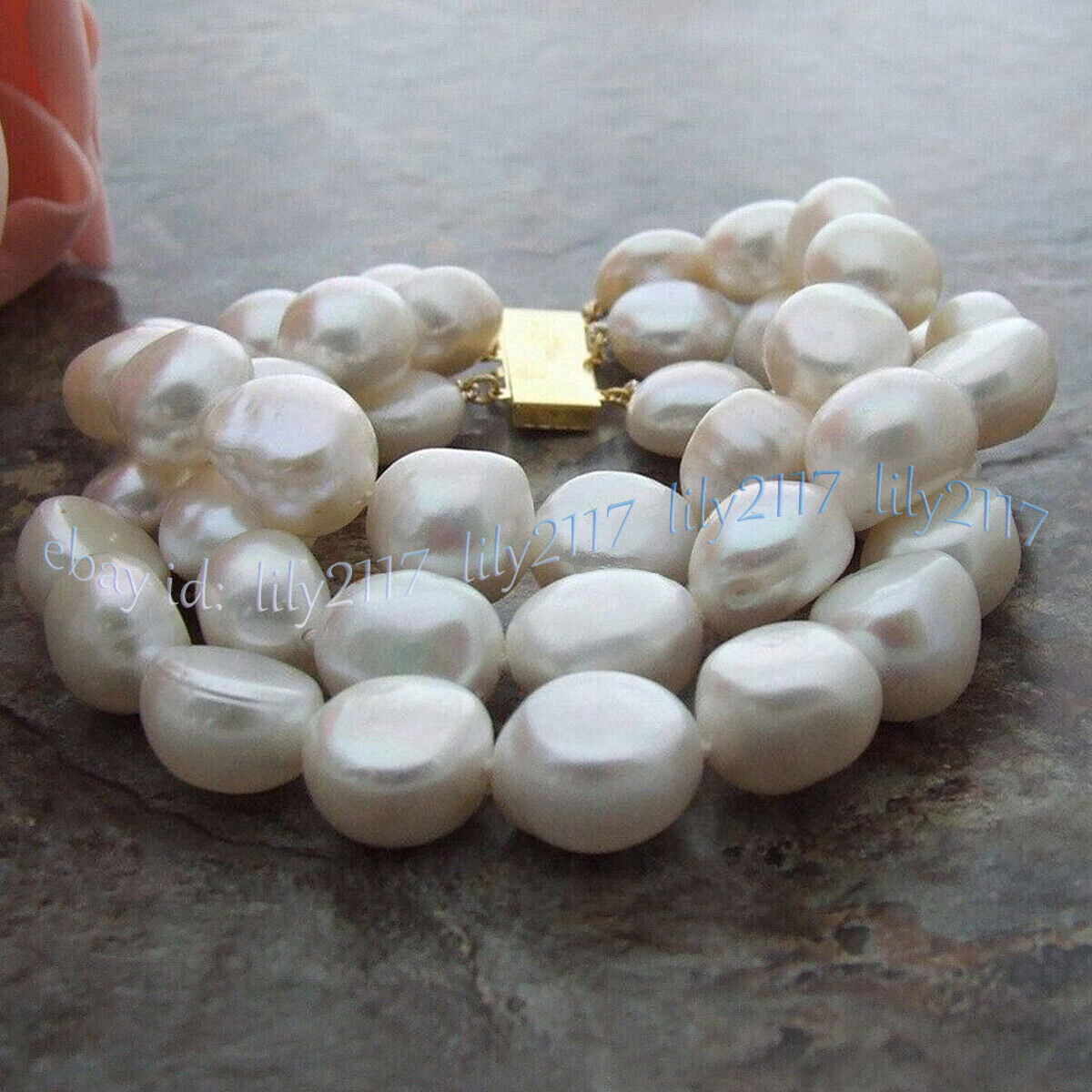 8inch 3 Rows Huge Natural 12-14mm Akoya Freshwater White Baroque Pearl Bracelet