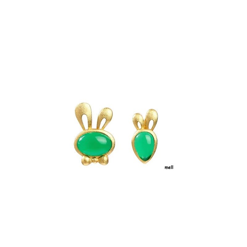 Jade Rabbit Earrings Natural Ear Studs Amulets Green Charm Carved 925 Silver