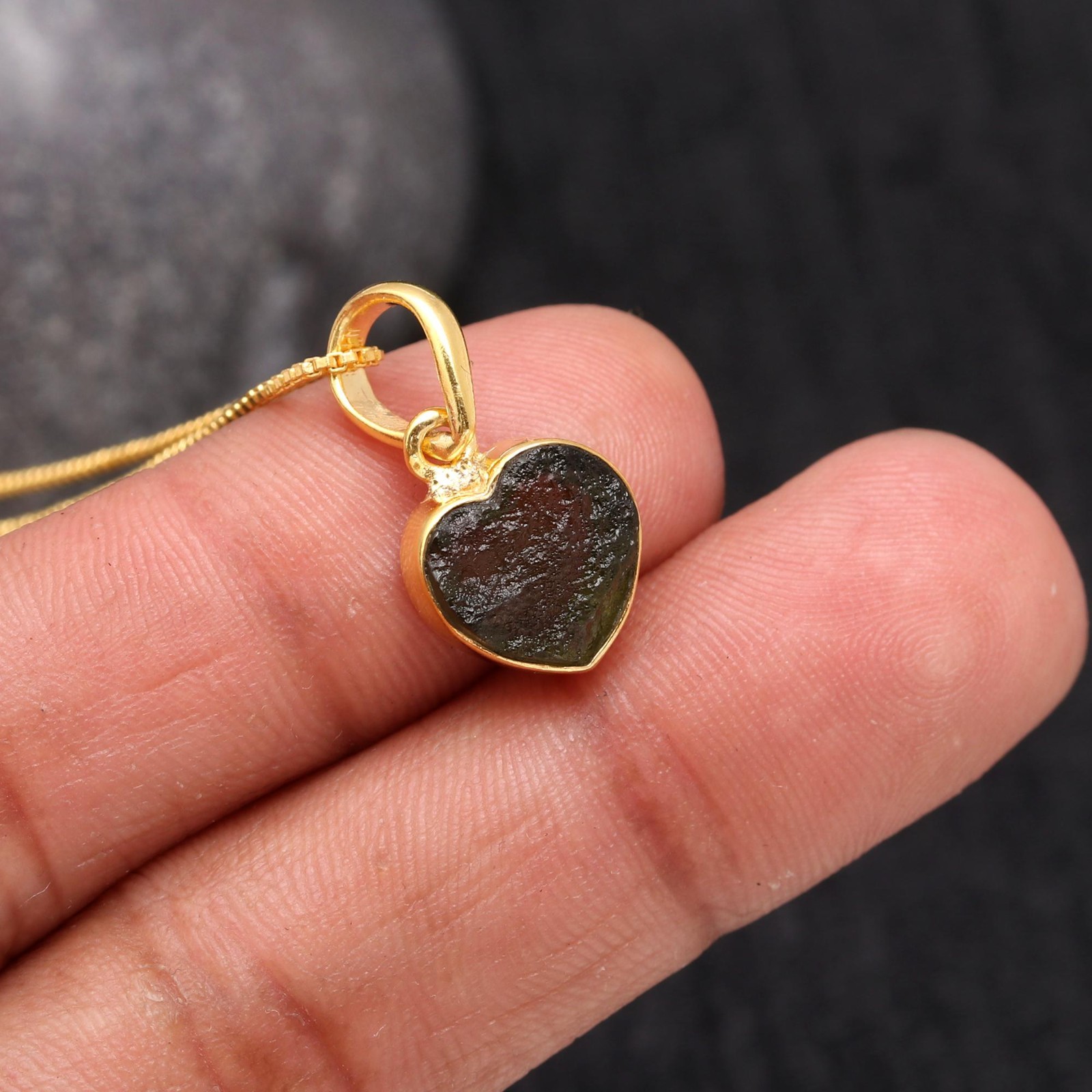 Raw Moldavite Heart Chain Pendant Gold Plated 925 Sterling Silver Unique Jewelry