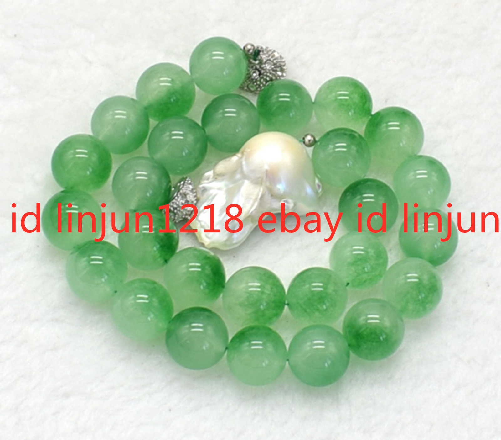Beautiful 14mm Green Jade Gemstone 15-20mm White Baroque Pearl Necklace 18” AAA