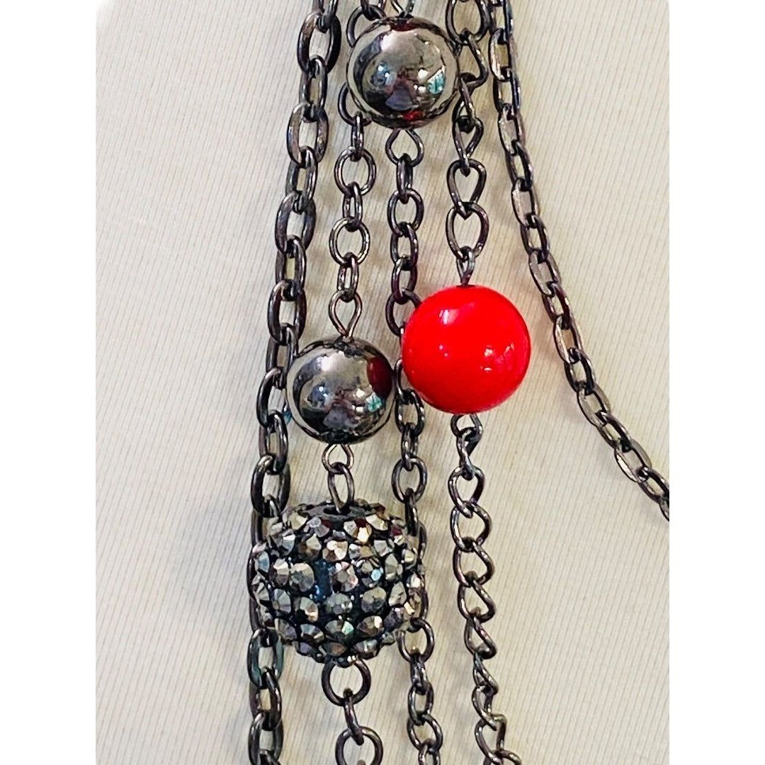 Pewter Color Layered Look Necklace Red Bead Lobster Clasp 27″ Long