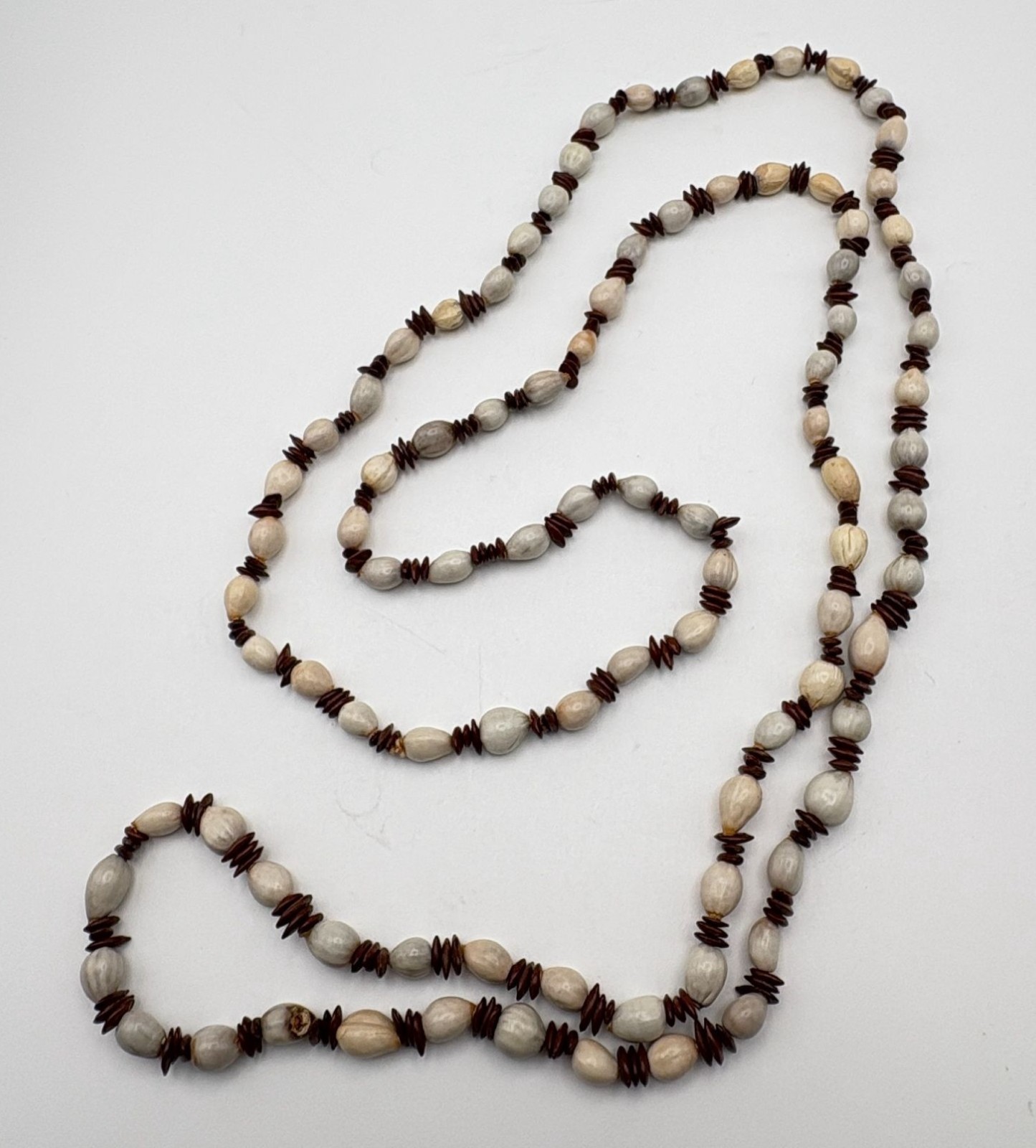 Natural Seed Bead Strand Necklace Brown Cream Long Layering Boho Tribal