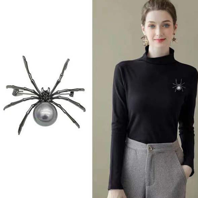 Vintage Black Rhinestone Spider Brooch Pearl Pin Insect Bug Jewelry Summer Gift