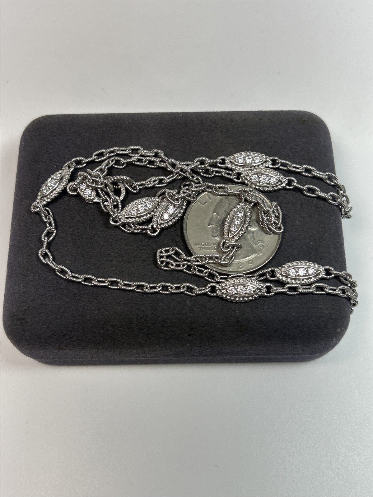Judith Ripka Sterling Silver Textured Marquise Link CZ Station Necklace