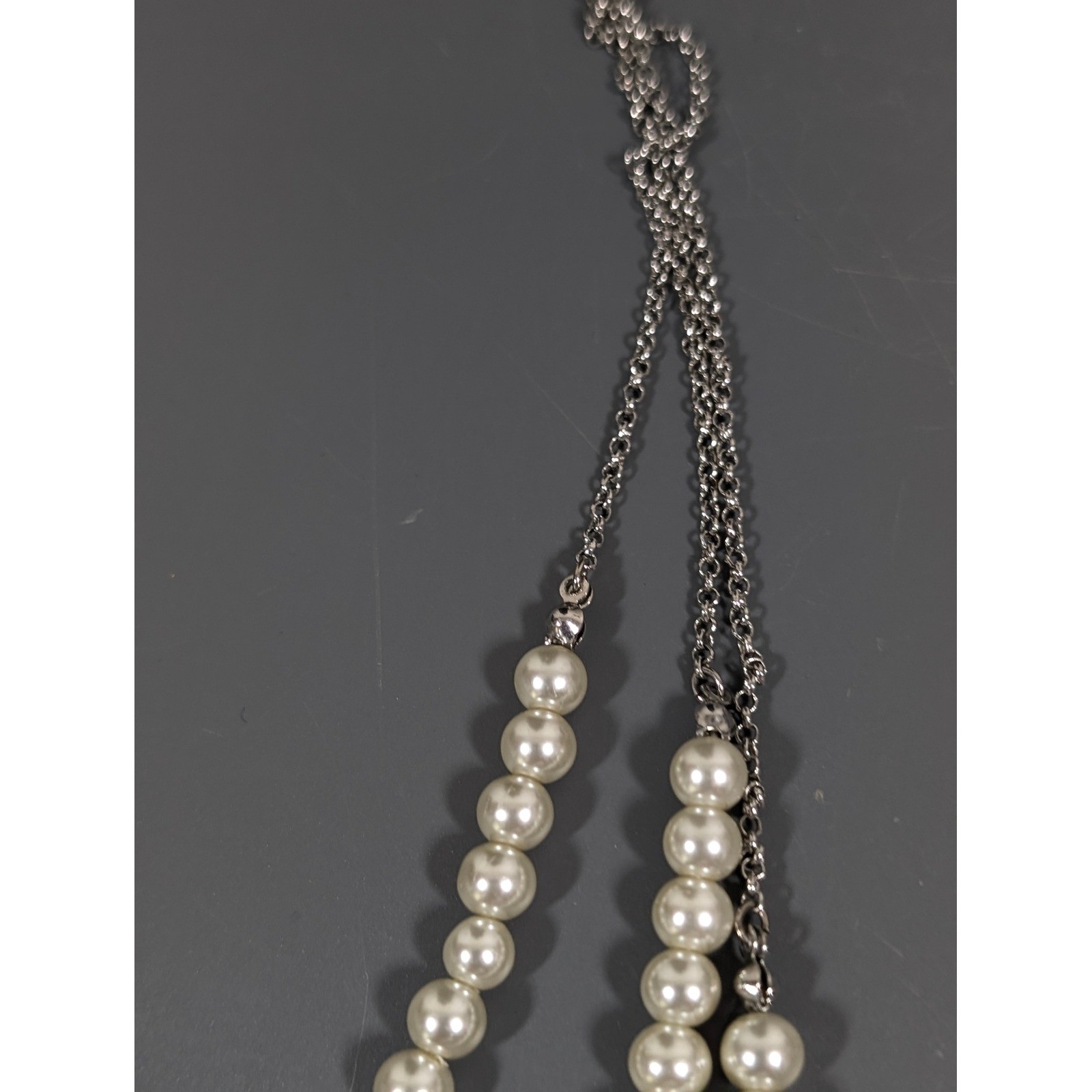 White Glass Faux Pearl Silver Tone Layered Necklace Elegant Multi Strand 17.5in