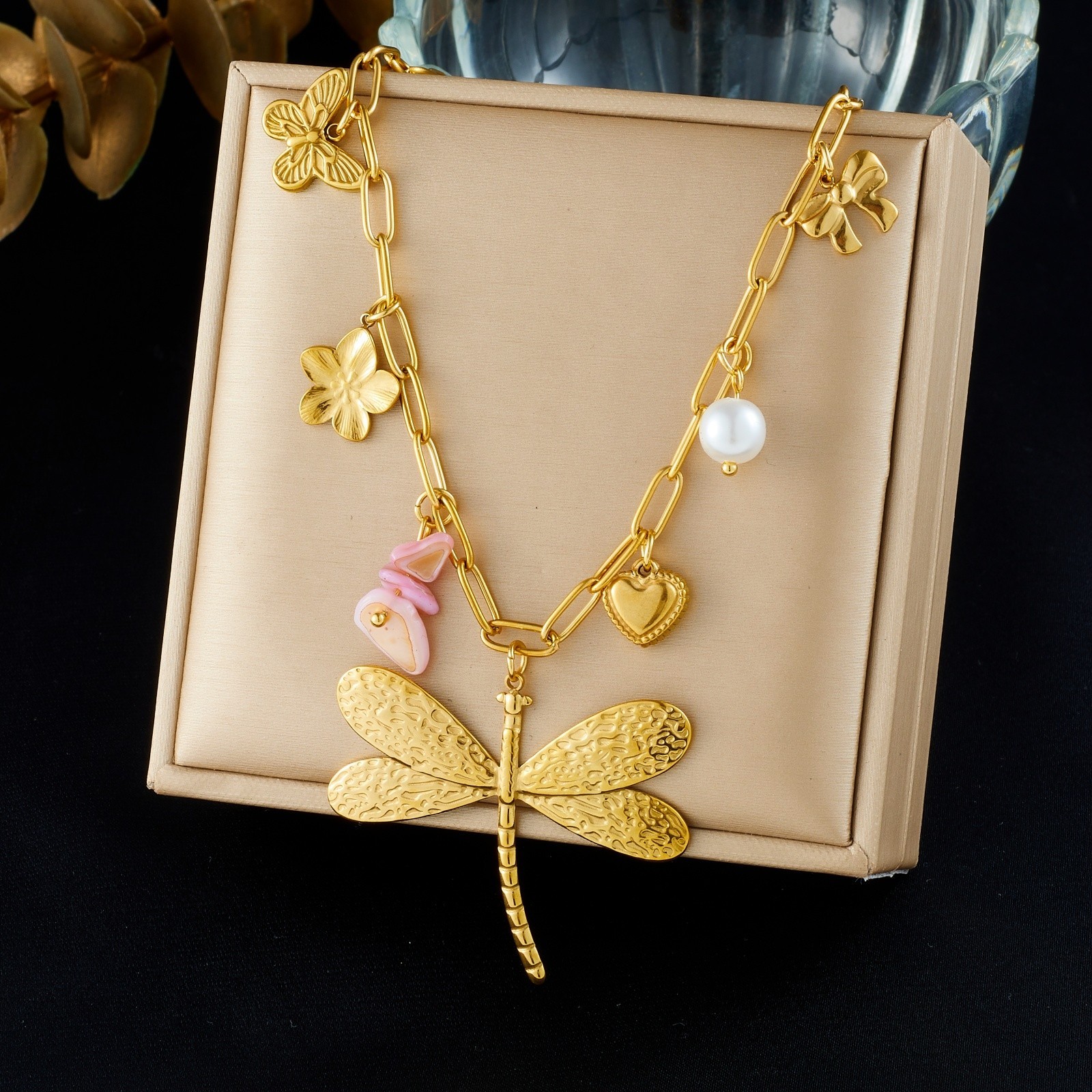 316L Stainless Steel Dragonfly Flower Bow Necklace Multi Pendant Waterproof