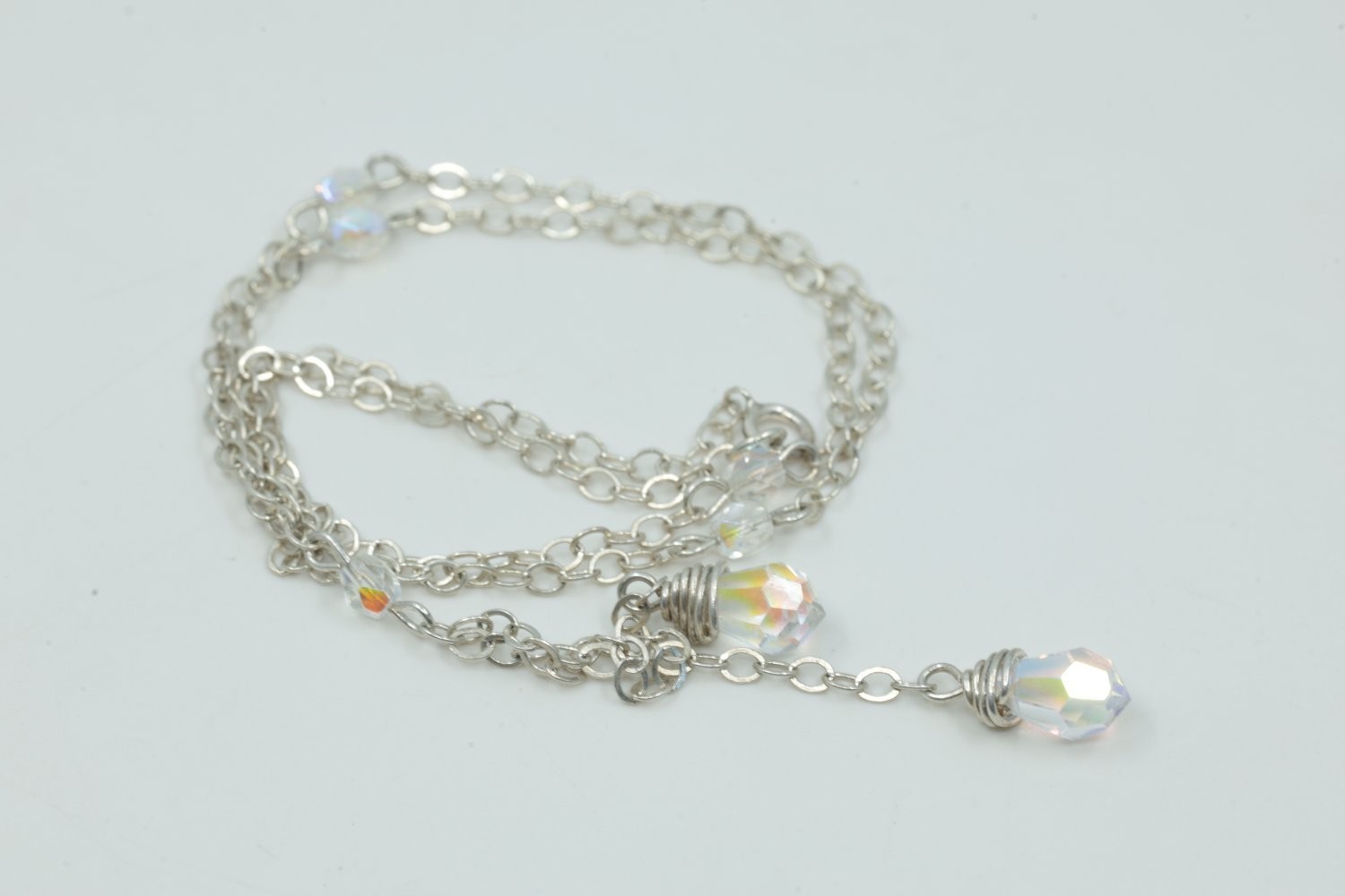 Necklace Approx 10 Inch Silver Metal Double Drop Design Tone Crystal Lariat Wire