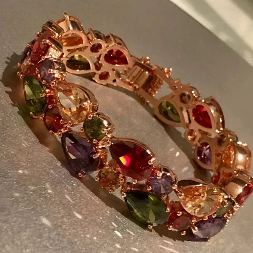 18k Rose Gold Filled Multicolor Tennis Bracelet Made Simulated Diamond 7.5”