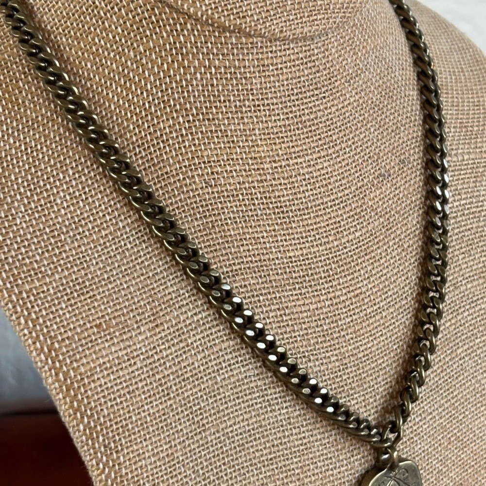 Antique Brass Curb Chain Celestial Medallion Necklace Rhinestone Moon Star Heart