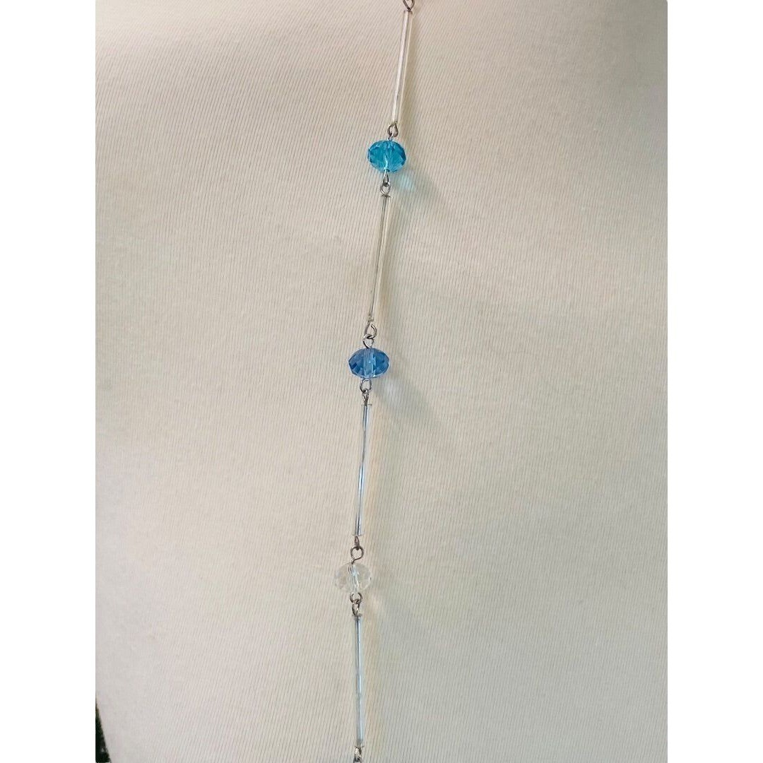 Silvertone Blue Aqua Beaded Overhead 36″ Strand String Necklace