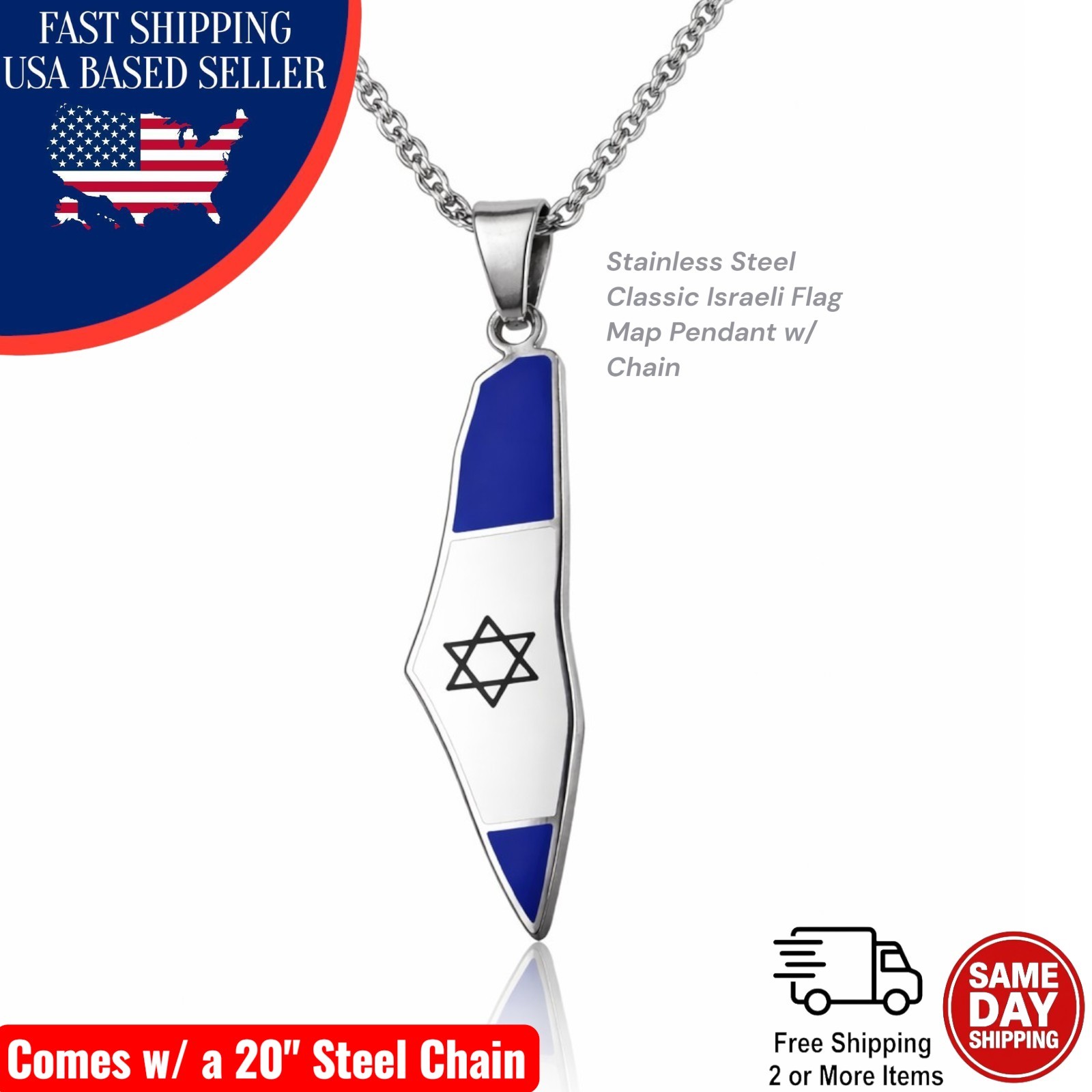 Israel Map Flag Pendant Necklace Star of David Stainless Steel Jewish Jewelry