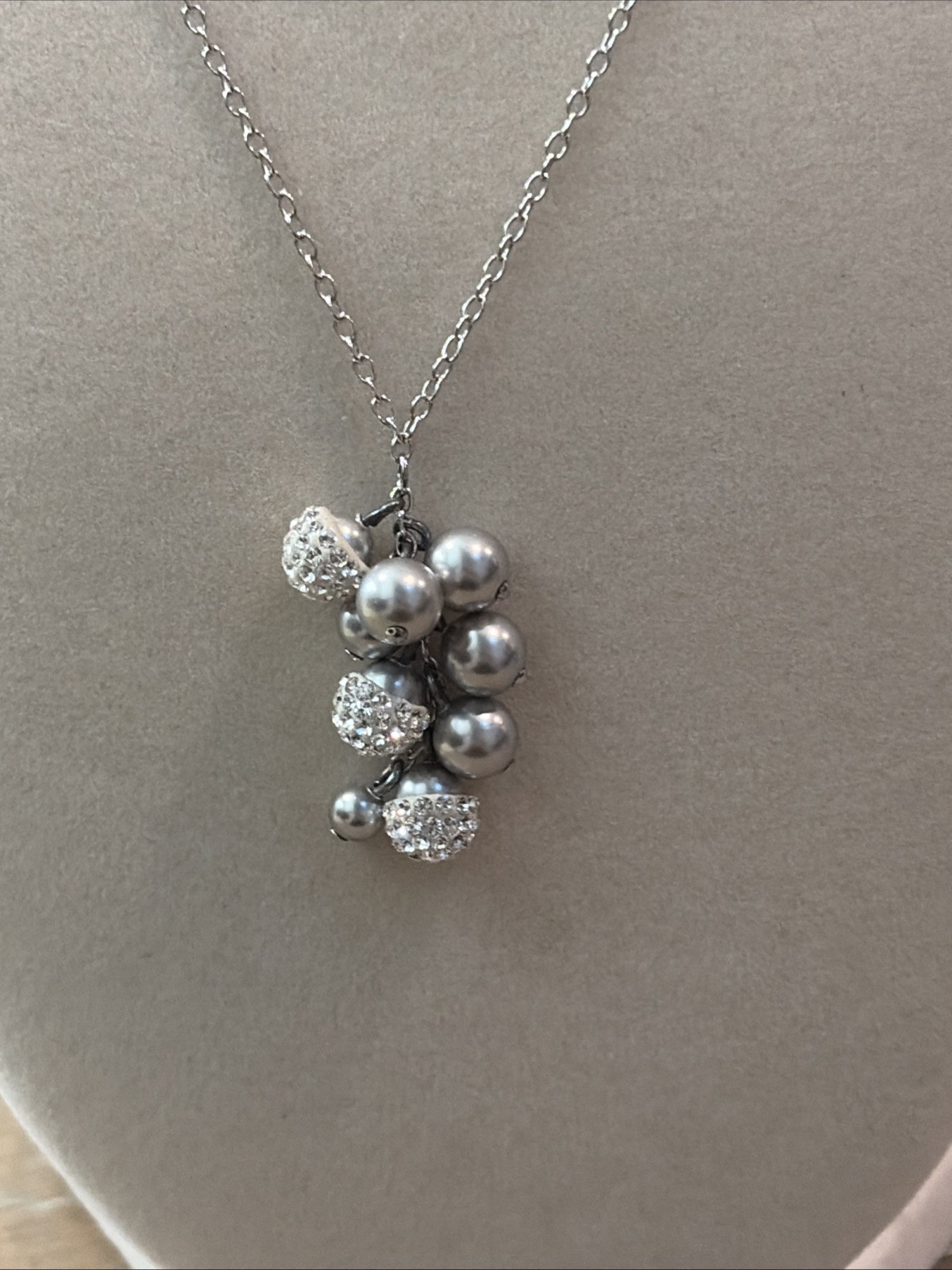 Authentic Swarovski Pave Crystal & Gray Pearl Cluster Pendant Necklace NIB $95