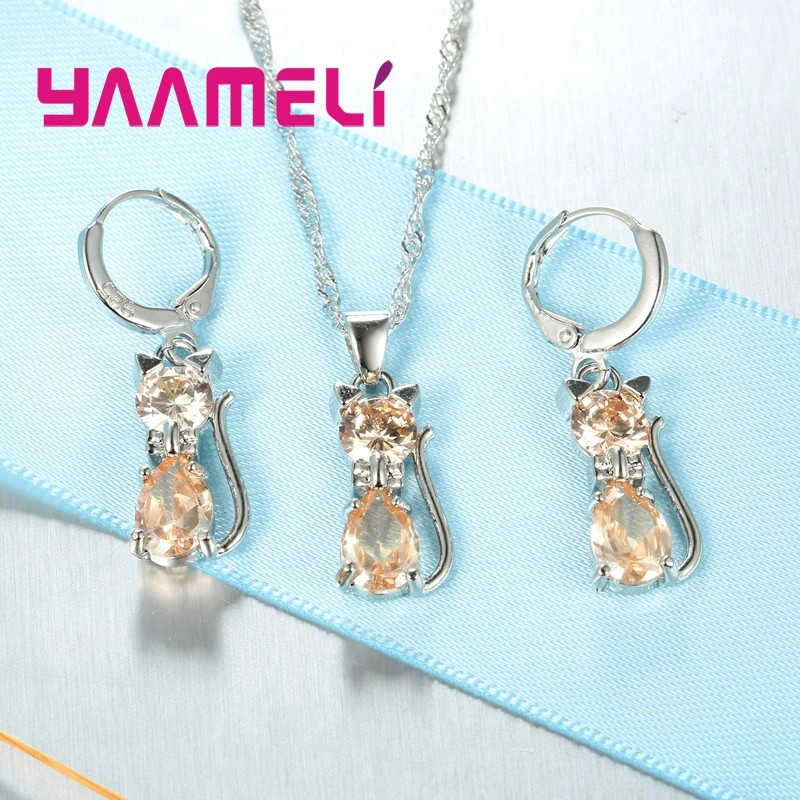 Silver Color Cat Pendant Necklace and Huggie Earrings Jewelry Set for Women Girl